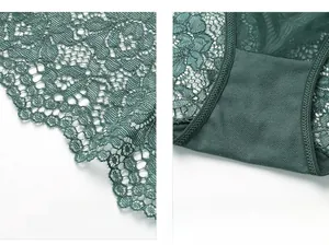 Détail de culotte en dentelle florale vert foncé avec doublure d'entrejambe en coton doux