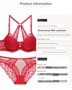 Detail view of red lace bra set showing the front closure and refined floral patterns