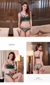 Détail d'un ensemble de lingerie en dentelle vert foncé avec bretelles croisées