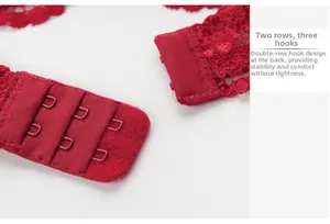 Macro detail of the red lace bra featuring a two-row three-hook back closure
