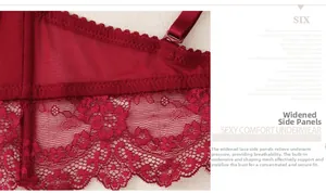 Detailed side view of dark red lace bra featuring wide wings and breathable mesh fabric