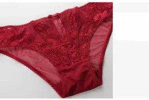 Close-up of wine red lace panties with sheer mesh panel and delicate bow detail
