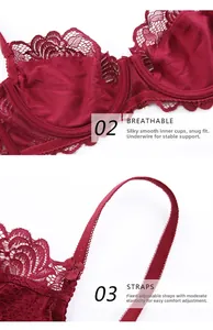 Detailed close-up of dark red lace bra featuring breathable cups and adjustable straps