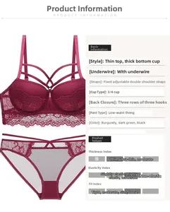 Vue détaillée de l'ensemble de lingerie en dentelle bordeaux avec bonnets push-up