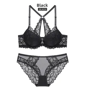 Close-up of black lace lingerie set with front closure bra and Y-shaped racerback detail