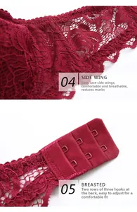 Detail of wine red floral lace side wings and three-row back buckle closure