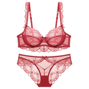 Red sheer floral lace lingerie set with underwire bra and matching scalloped panties