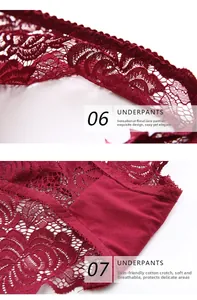 Close-up of wine red lace floral pattern and breathable skin-friendly cotton crotch detail