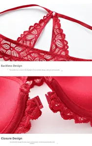 Close-up of red lace bra featuring front closure and detailed racerback design