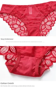 Detailed macro shot of red lace panties with a soft breathable cotton crotch lining