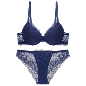 Elegant navy blue floral lace lingerie set with push-up underwire bra and matching panties