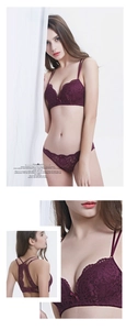 Detail of deep purple lace lingerie set with back lace hollow design and double straps