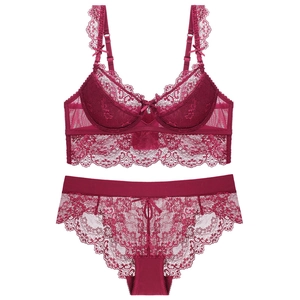 Women's Sexy Lace Lingerie Underwire Bra And Panties Floral Embroidery Thin Cotton Lined Push Up Intimates For Women