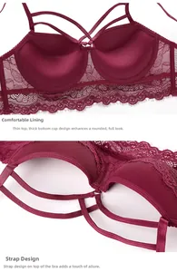 Détail du soutien-gorge en dentelle bordeaux avec bonnets push-up et bretelles