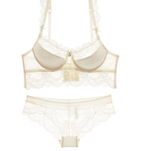 Elegant white lace lingerie set with underwire bra and matching panties on white background