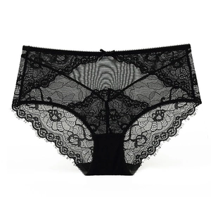 Elegant black floral lace panties with high waist and delicate eyelash trim details