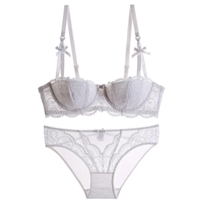 Elegant white floral lace lingerie set with bow detail and sheer mesh bra and panties