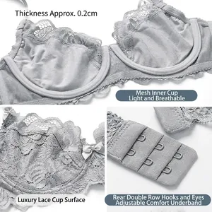 Sheer light grey lace lingerie set with 0.2cm ultra-thin mesh cups and bow detail