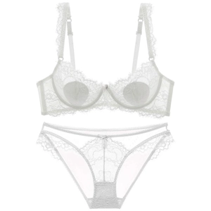 White lace lingerie set featuring a semi-transparent floral bra and matching panties