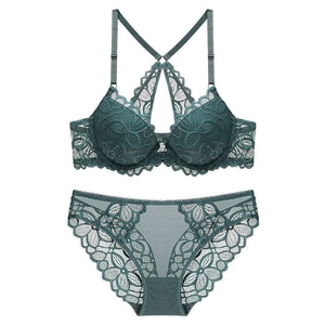 Lace lingerie set with front closure bra and panty in elegant dark green floral design