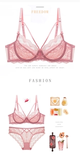 Détails d'un ensemble de lingerie en dentelle rose avec bonnets ultra-fins et bretelles