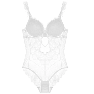 Close-up of white lace bodysuit showing intricate floral embroidery and ruffled straps