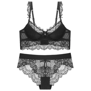 Elegant black floral lace lingerie set with underwire bra and matching panties