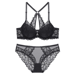 Elegant black lace lingerie set with front closure bra and floral mesh panties