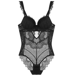 Detailed macro view of intricate black lace patterns and sheer mesh on the bodysuit