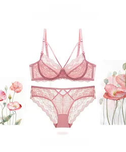 Ensemble de lingerie rose en dentelle transparente avec illustrations de coquelicots