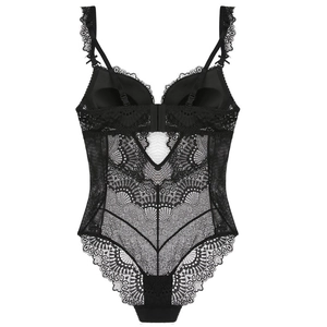 Detailed back view of a black lace bodysuit featuring intricate floral patterns and hooks