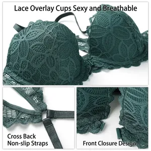 Deep green lace bra with front closure and cross back straps in a detailed three-view layout