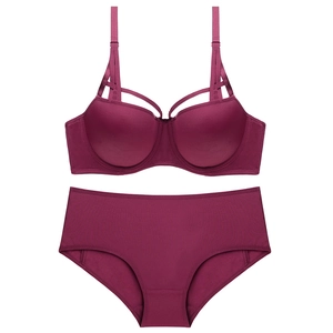 Burgundy wireless push-up lingerie set with lace-up straps and high waist panties