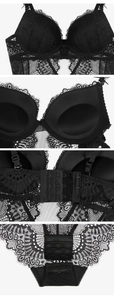 Detail view of black lace bodysuit featuring wired cups and adjustable hook-and-eye closure