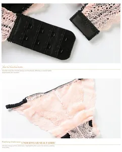 Detail of pink lace bra with 4-row 2-column hook closure and matching panties set