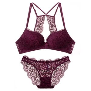 French Style Sexy Lace Bra And Panty Wireless Deep V Push Up Backless Lingerie For Women Floral Embroidery Underwear