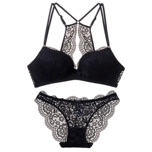 French style black lace lingerie set with deep V neck and back strap detail