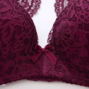 Lace deep V plunge bra in wine red with floral patterns and a satin bow detail