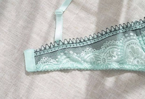 Close-up of mint green lace and mesh detail with adjustable strap on French bra