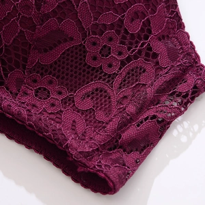Lace detail of deep V push-up bra set in burgundy red with elegant floral embroidery