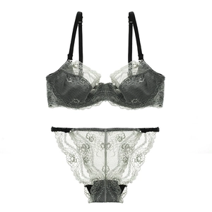 French Style Sexy Ultra Thin Transparent Lace Bra And Panties Top And Bottom For Women Floral Embroidery Underwear Lingerie