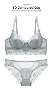 Detailansicht eines grauen Spitzen-Dessous-Sets mit 3D-Cups und Wimpernspitzenkanten