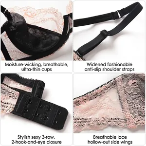 Lace bra set in pink and black featuring ultra-thin cups and wide anti-slip straps