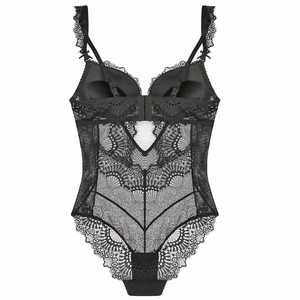 French style black lace bodysuit featuring adjustable straps and sheer floral pattern