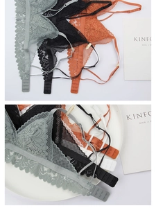 Detail view of lace bralette sets in various colors featuring thin adjustable straps