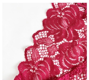 Detailaufnahme von dunkelroter Spitze mit aufwendigen floralen Stickereimustern