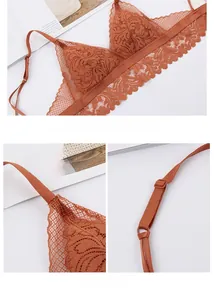 Detail of terracotta lace triangle bra featuring 3D floral textures and adjustable straps