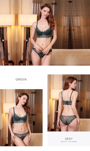 Details des dunkelgrünen Spitzen-BH-Sets mit Wimpernspitze und 1/2-Körbchen-Design