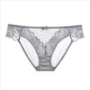 Detailed close-up of grey lace panties featuring sheer mesh and floral patterns