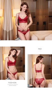 Detailansicht eines roten Spitzen-Lingerie-Sets mit Blumenstickerei und Trägern